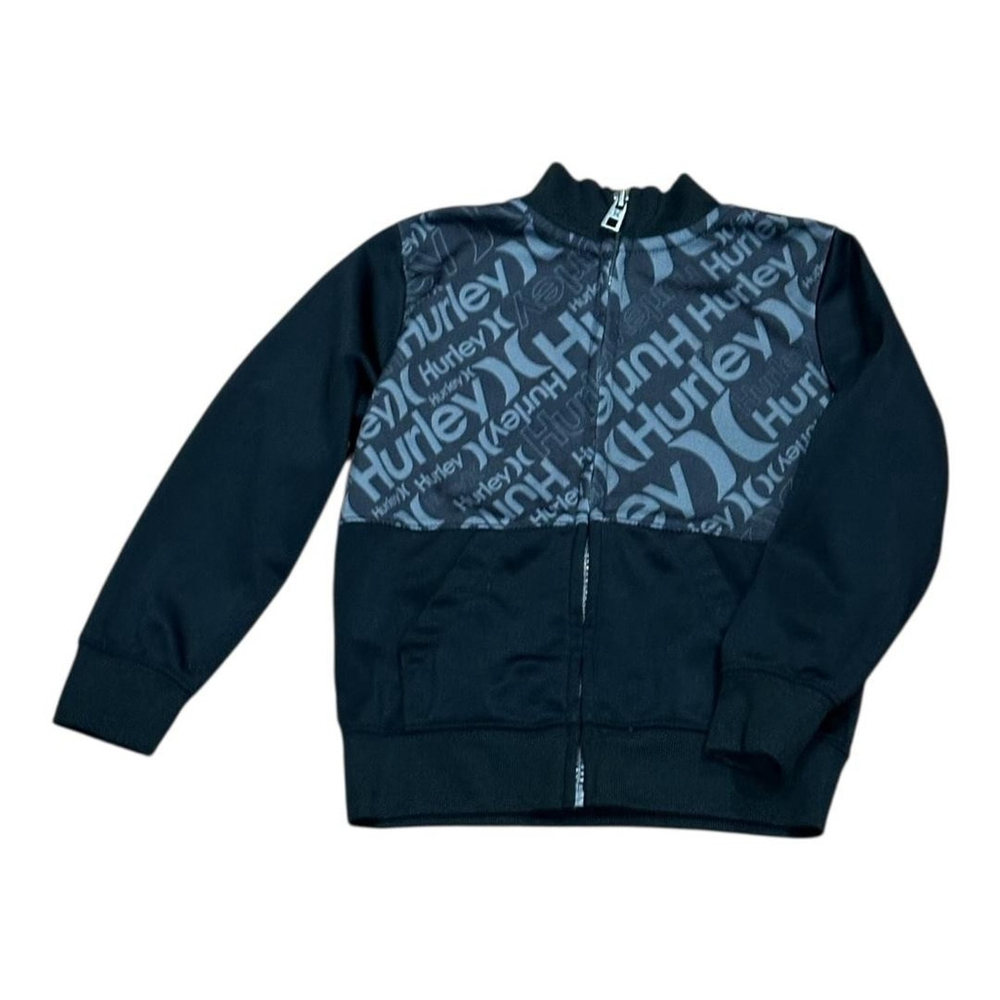 Hurley Track Jacket Boys Size 3T Black Full Zip Allover Logo Print Lightweight